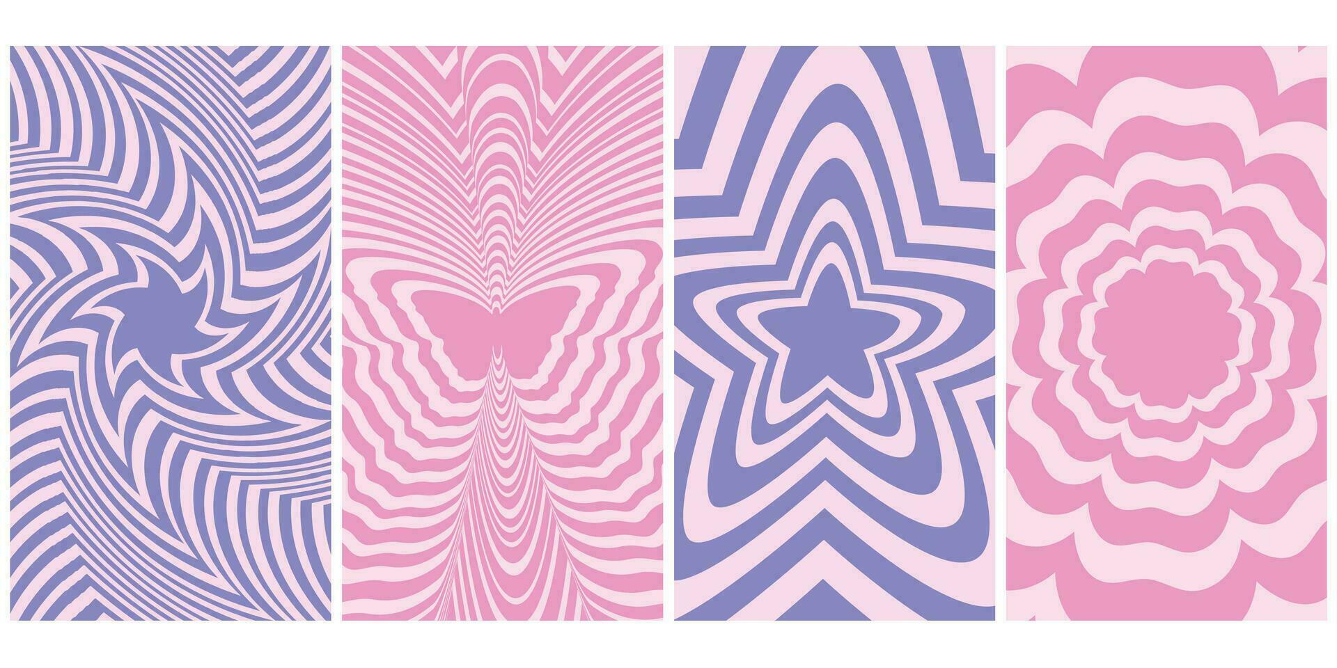 Set with geometric backgrounds. Vector illustration of abstract backgrounds with geometric shapes and hearts. Nostalgia for the year 2000, Y2k style. Design template. Hypnotic pattern. Vector