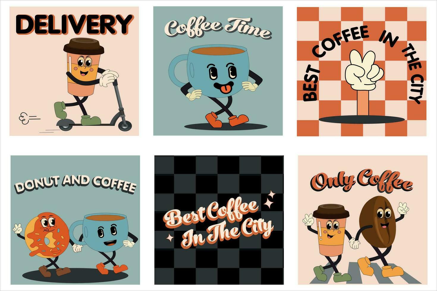 Coffee retro cartoon fast food posters and cards. Comic character slogan quote and other elements for burger bar restaurant. Social media templates stories posts. Groovy funky vector illustration