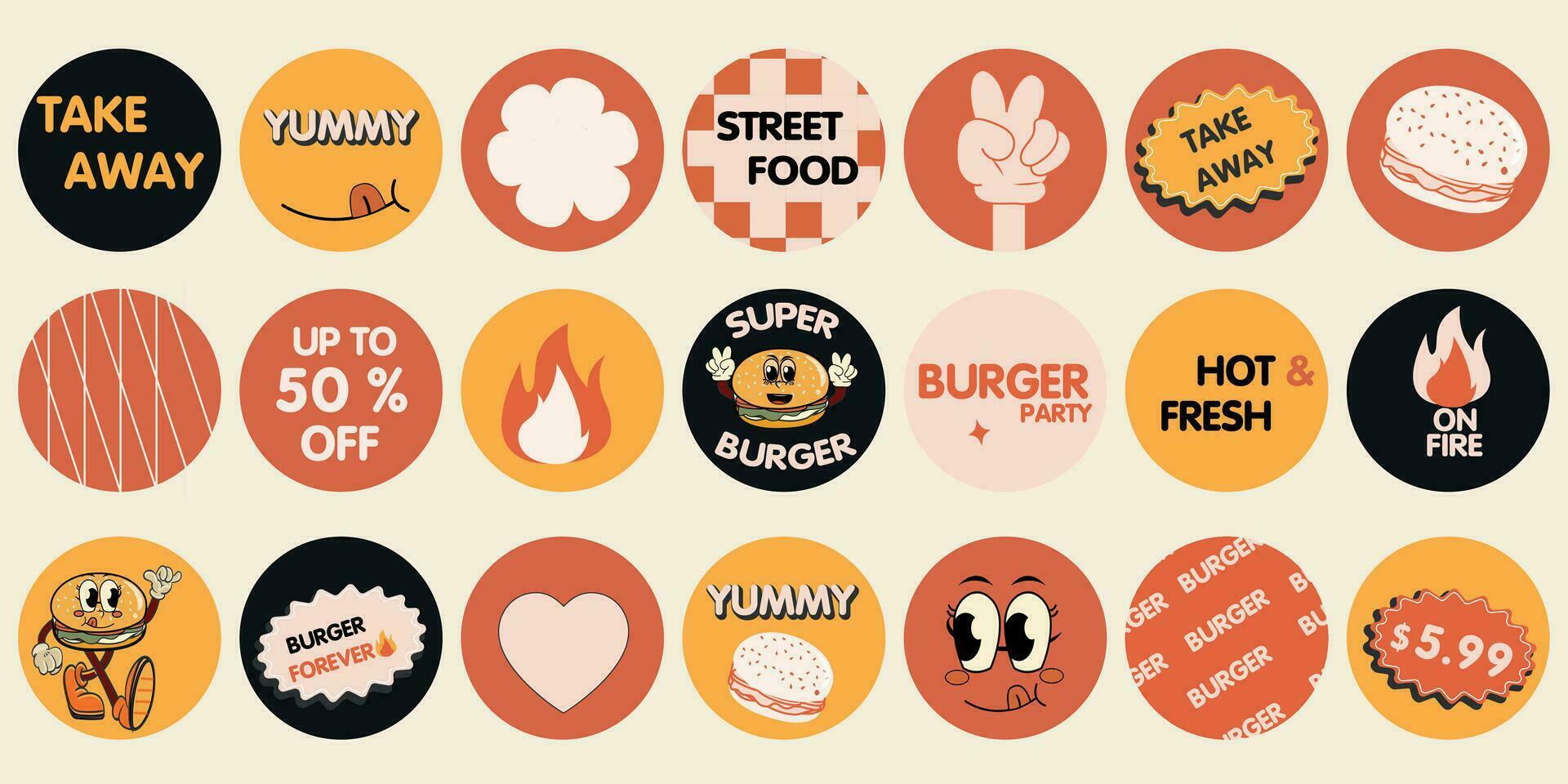 Burger retro cartoon fast food stickers. Comic character, slogan, quotes and other elements for burger bar, cafe, restaurant. Groovy funky in trendy retro cartoon style. Vector illustration