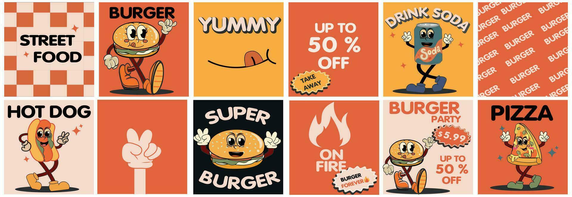 Burger retro cartoon fast food posters and cards. Comic character slogan quote and other elements for burger,Hot dog bar restaurant. Social media templates stories posts. Groovy funky vector