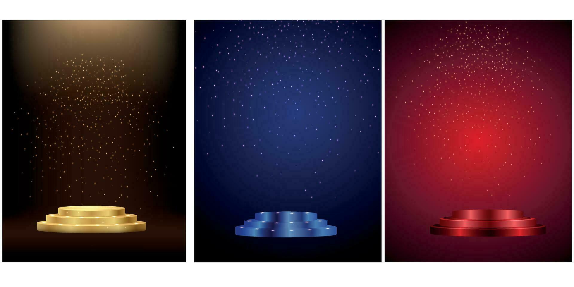 Set celebration design with golden podium on a black, blue, red background.Anniversary. Happy birthday greeting card. Vector. vector