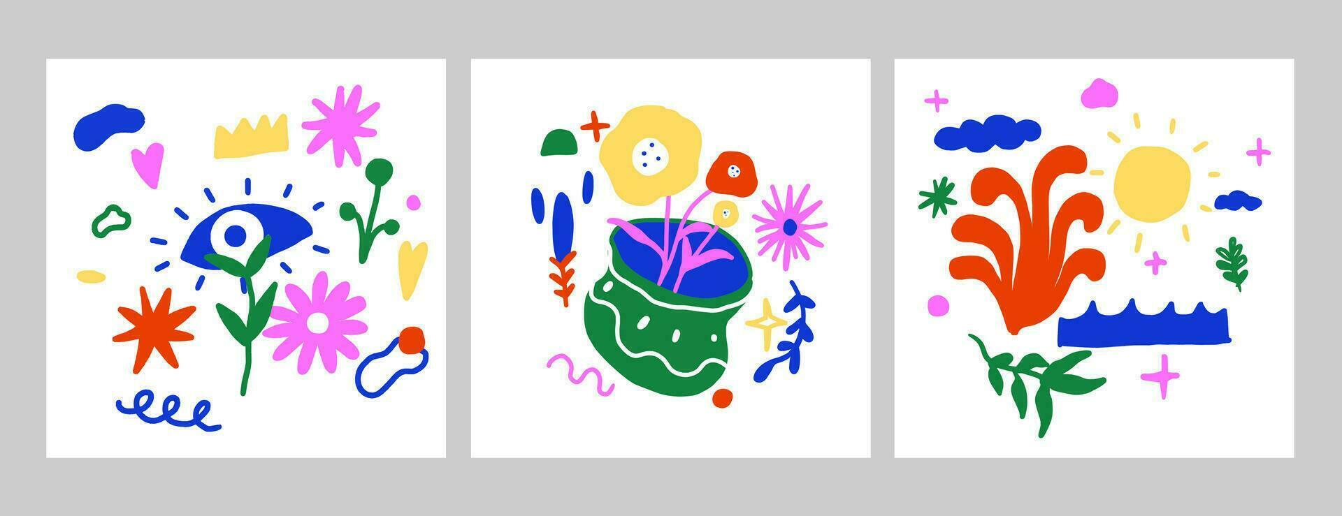 resumen planta Arte vistoso elementos, mano dibujar hoja florero ojo y flores vector