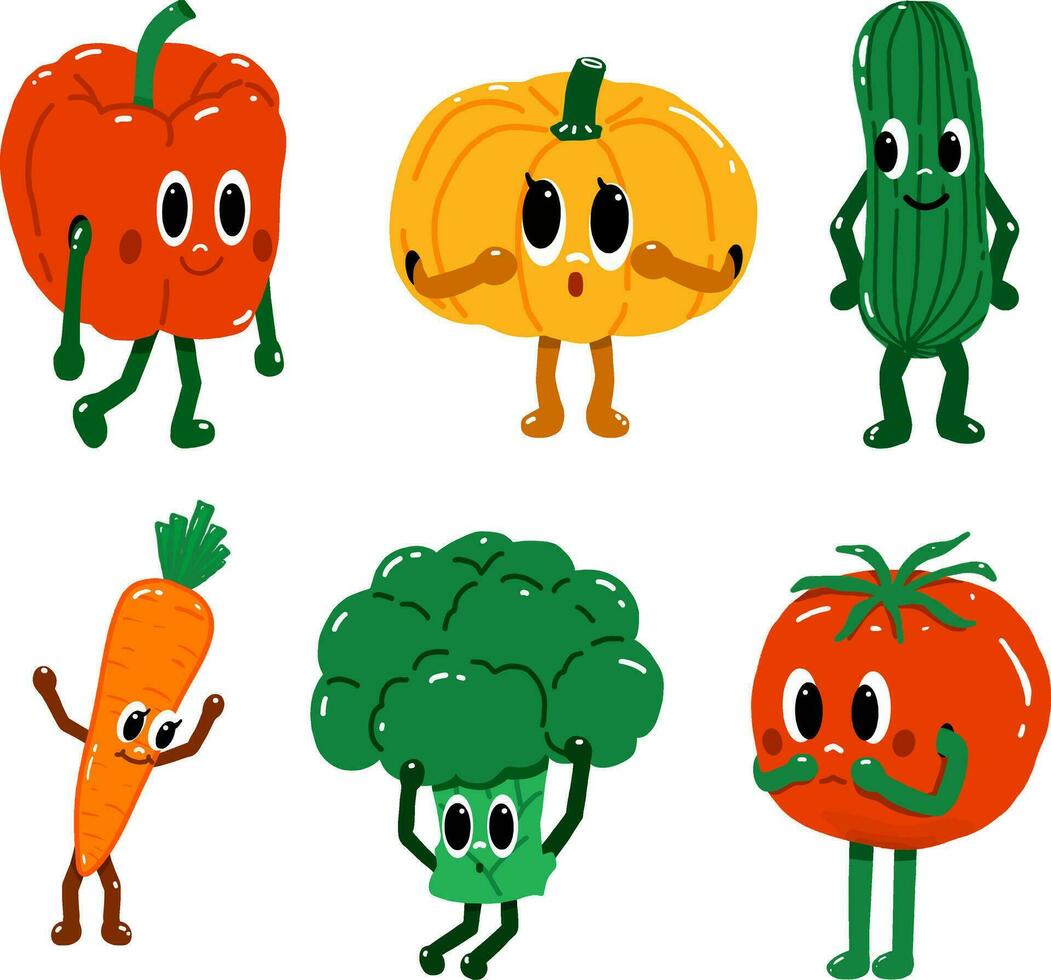 Cartoon vegetable characters, cute style, vegetable collection, kids Cartoon vegetable, Vector food illustration