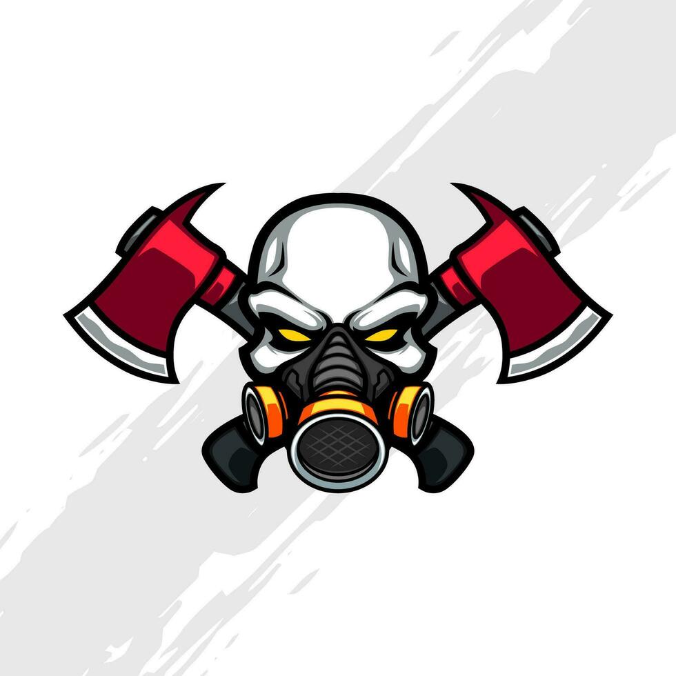 cráneo gas máscara con cruzado rojo hacha vector mascota
