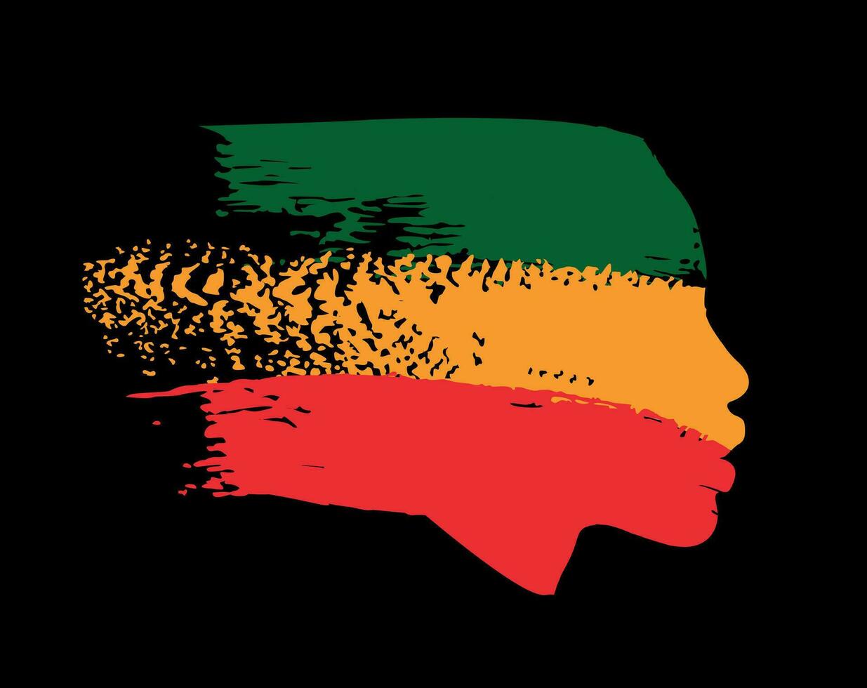T-shirt design of an Afro-descendant woman's face in profile with the colors green, orange and green isolated on black. Vector illustration for black history month.