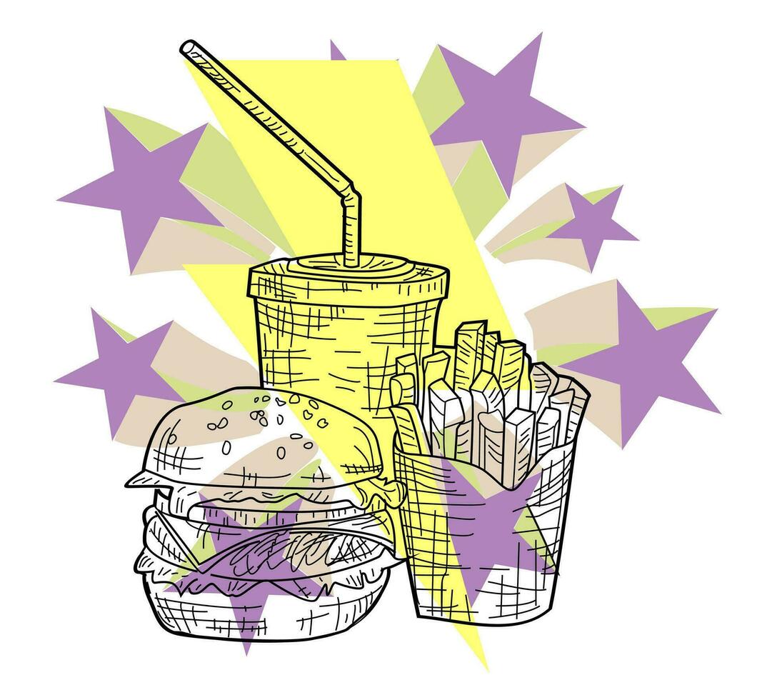 T-shirt design of a hamburger with fries and soda over the symbol of thunderbolt and stars. Vector illustration of fast food.