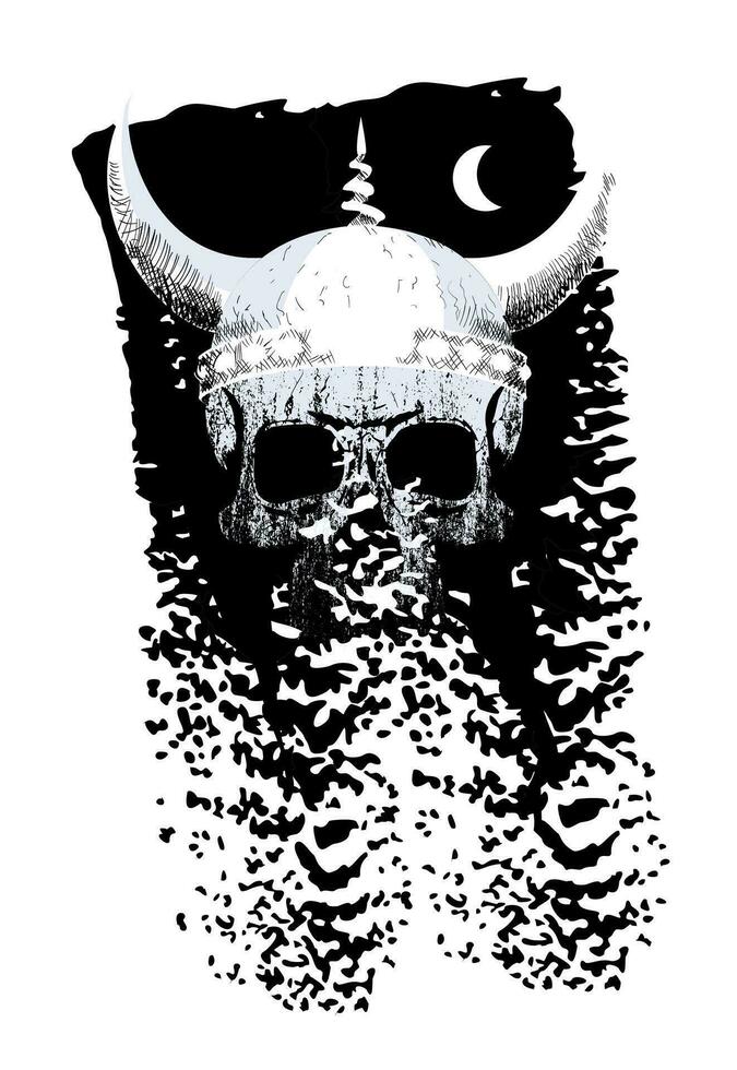 Viking skull t-shirt design on a black background. Vector illustration about medieval warriors.