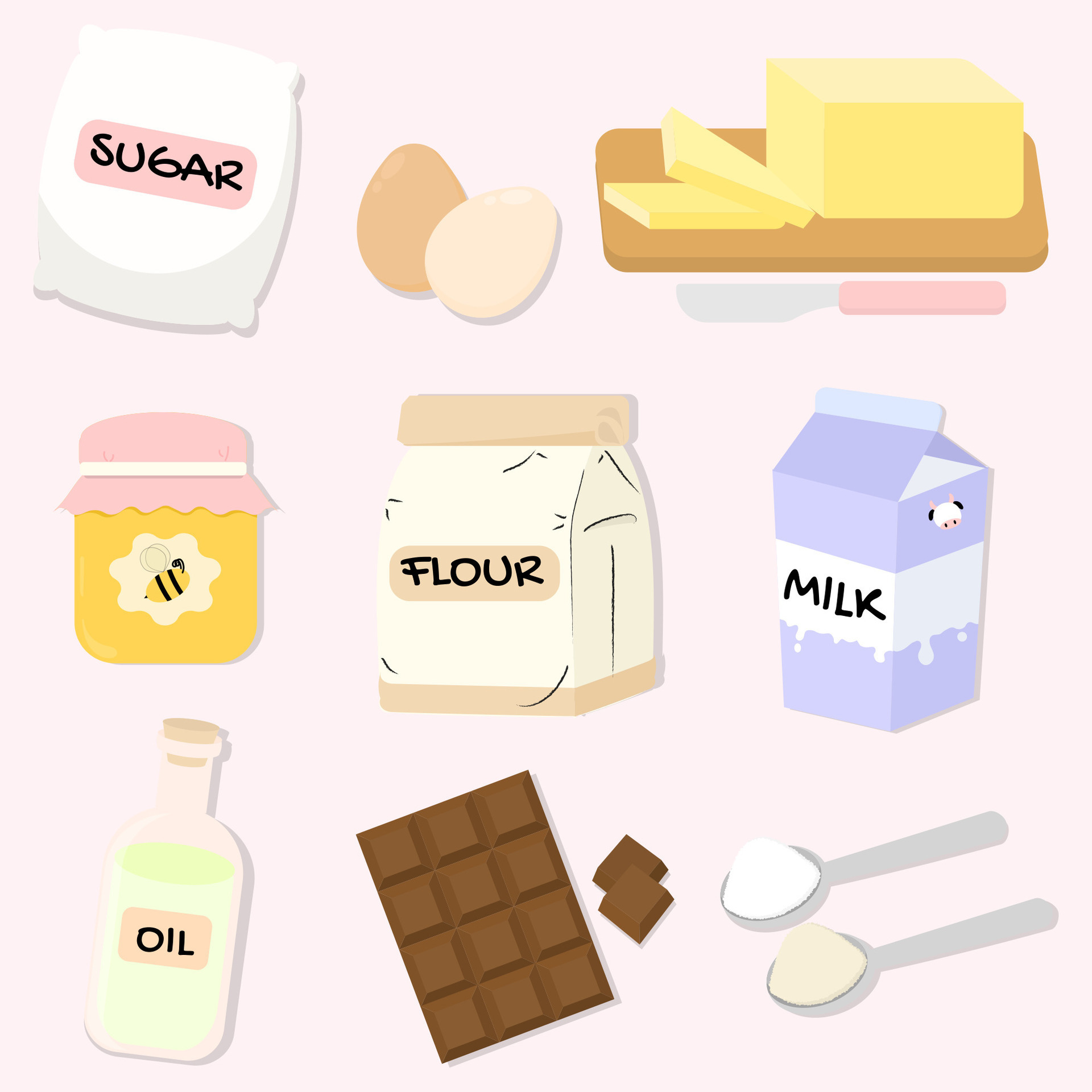 Cartoon baking supplies. Bakery ingredients and kitchen