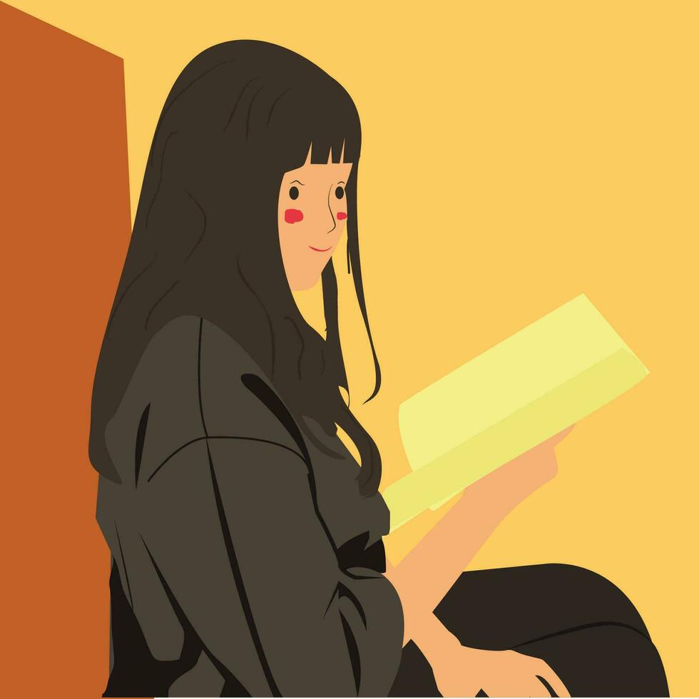 mano dibujado coreano dibujo estilo personaje ilustración. hermosa niña leyendo libro. plano vector ilustración aislado en blanco antecedentes