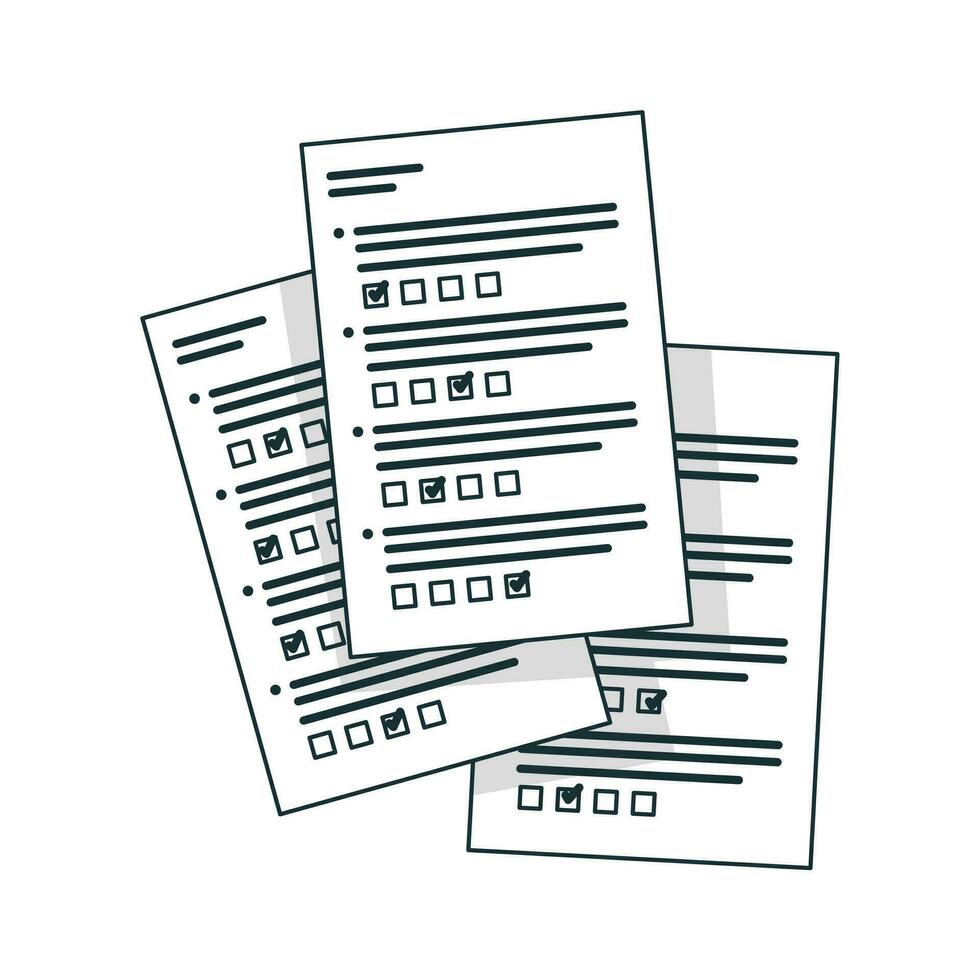 Vector survey or exam form paper sheets pile with answered quiz checklist and success result assessment flat cartoon.