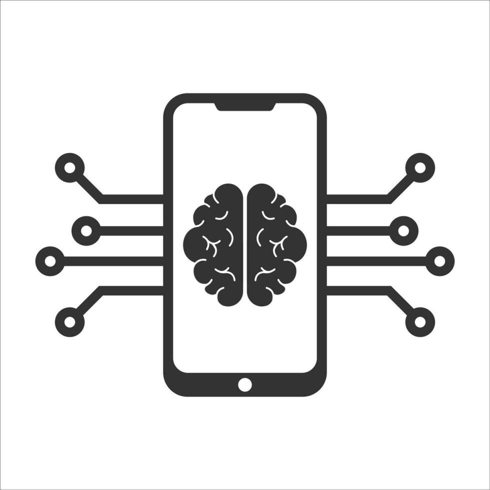 Vector illustration of smartphone brain icon in dark color and white background