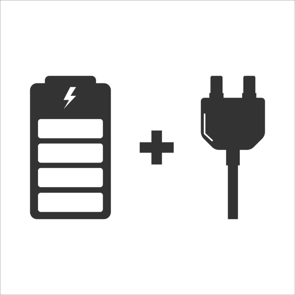 Vector illustration of battery and plug icon in dark color and white background