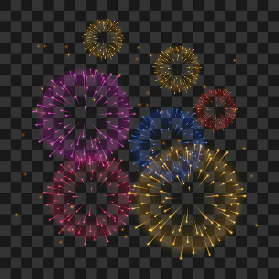 Vector firework animation realistic transparent concept with celebration symbols illustration