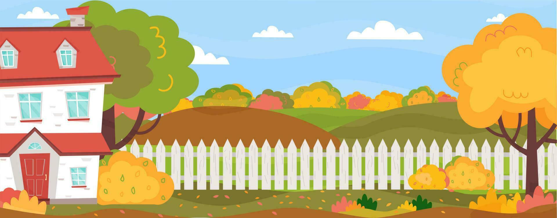 Horizontal banner with autumn landscape. Backyard of the house. Cute house, fence, trees, bushes, leaves. Sunny autumn day. Vector illustration.