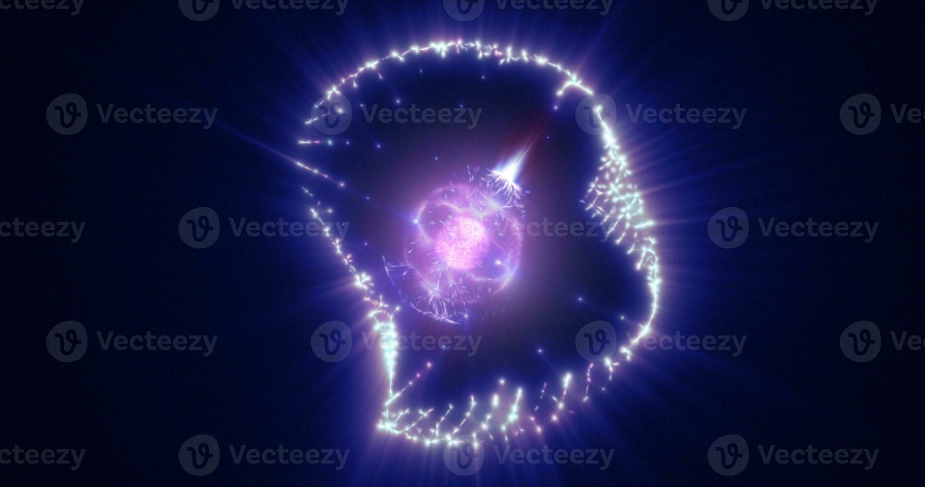 resumen púrpura energía esfera con volador brillante brillante partículas, Ciencias futurista átomo con electrones de alta tecnología antecedentes foto