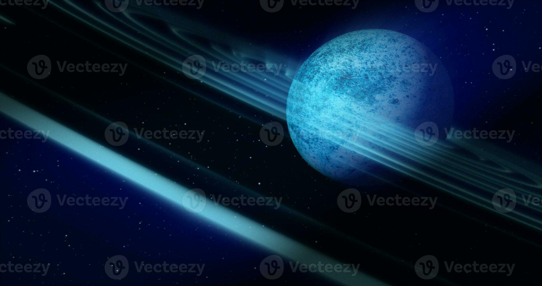 Abstract blue space planet with a round asteroid belt ring  futuristic hi-tech on the background of stars in open space photo