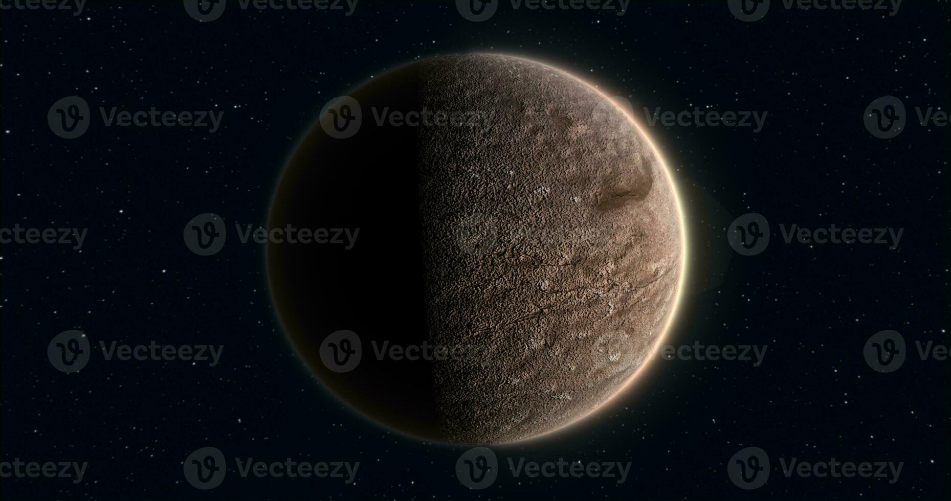 Abstract realistic space planet round sphere with a stone relief surface in space against the background of stars photo