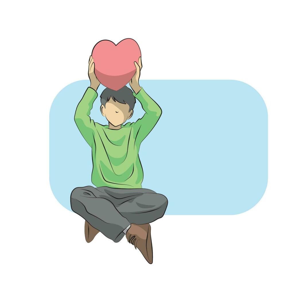 closeup boy holding heart with blue copy space illustration vector hand drawn isolated on white background