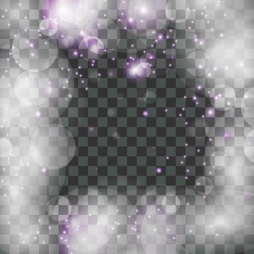 Vector bokeh lights effect isolated. blurred light frame. festive purple and white luminous background