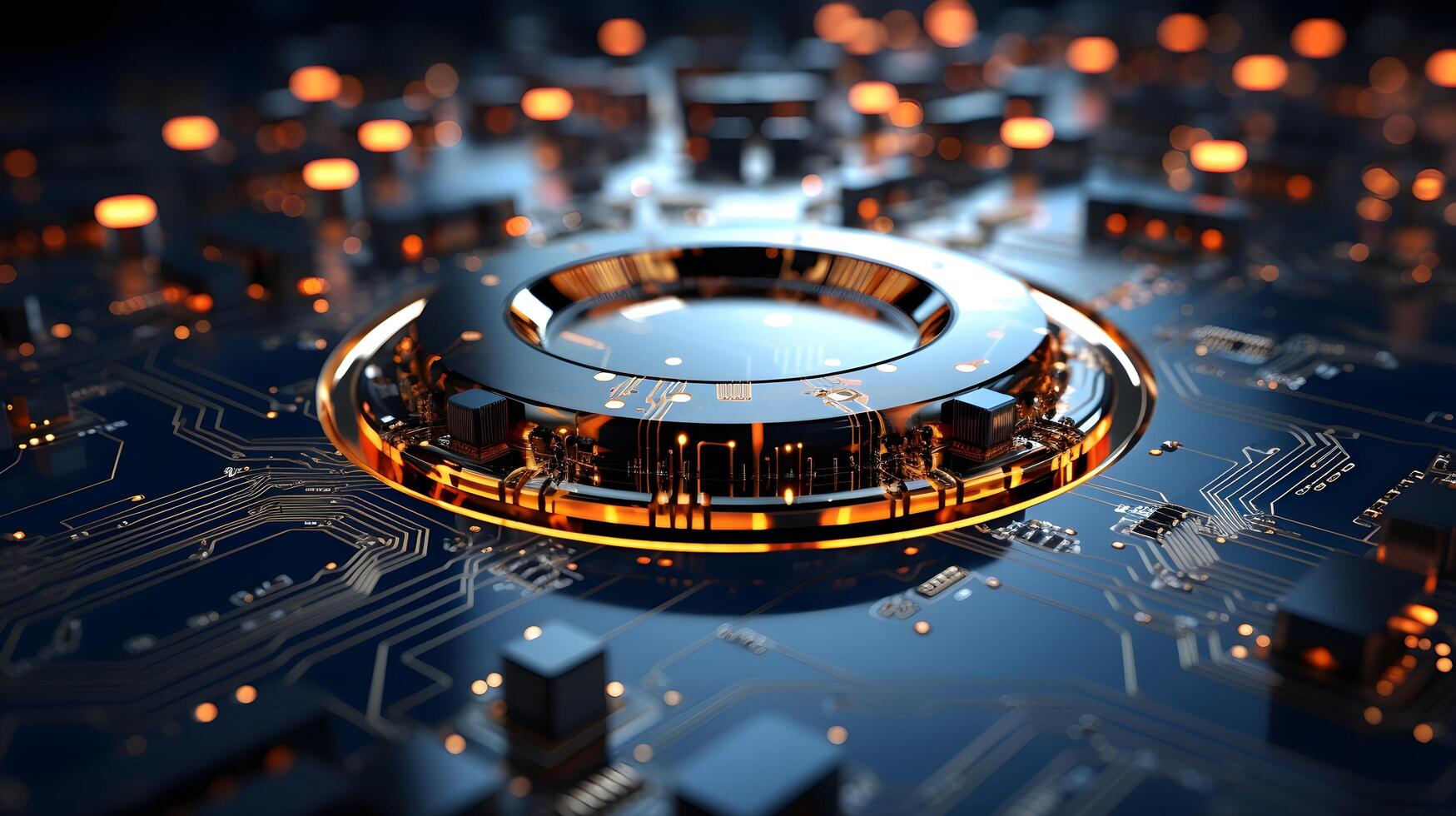 a computer circuit board with a glowing ring. photo