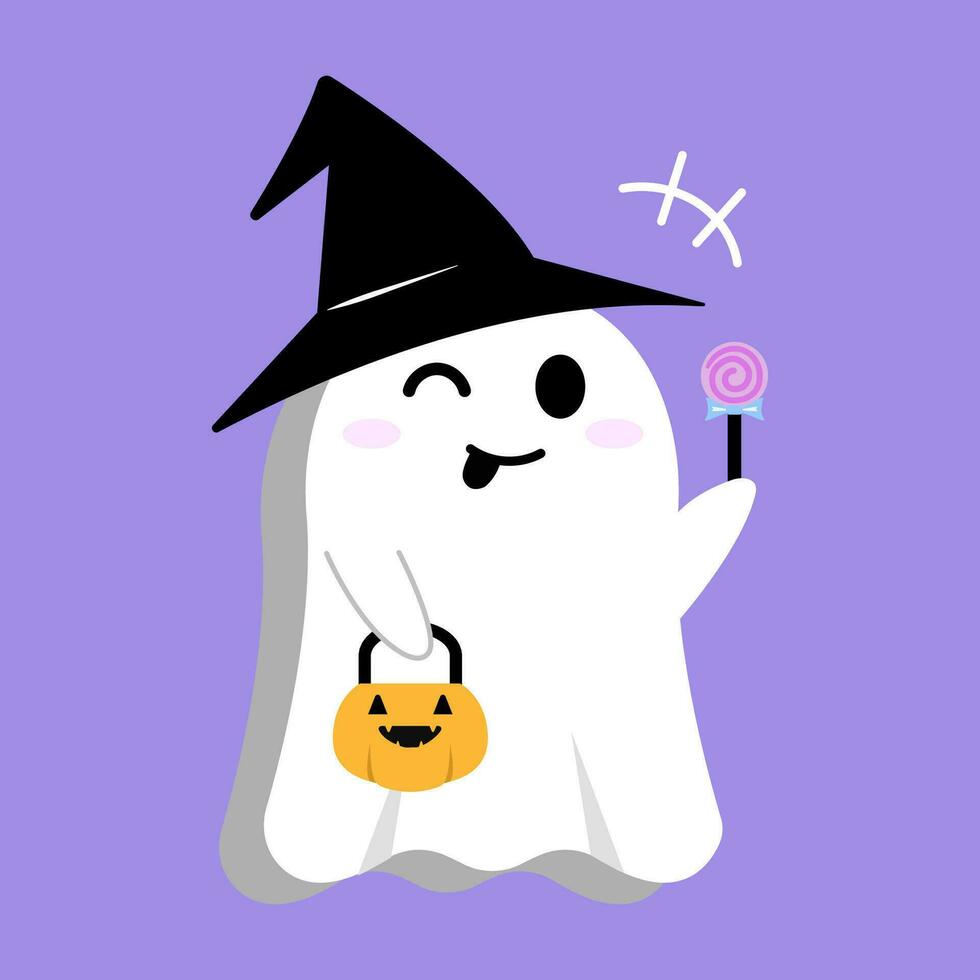 Cute Ghost. funny Candies and Pumpkins.  Trick or Treat. cartoon character and flat design. Vector Illustrations for Halloween Day.
