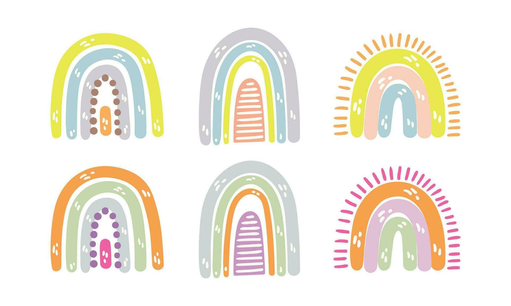 Vector scandinavian boho rainbows set with clouds stars drops crescent in pastel colors nursery decoration