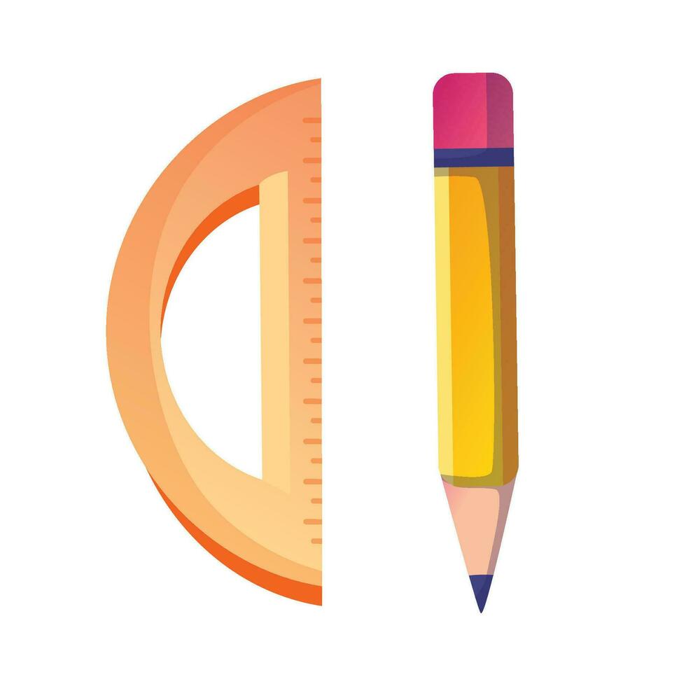 Vector paint and writing tools collection consisting of  yellow pencil and wooden line on the white