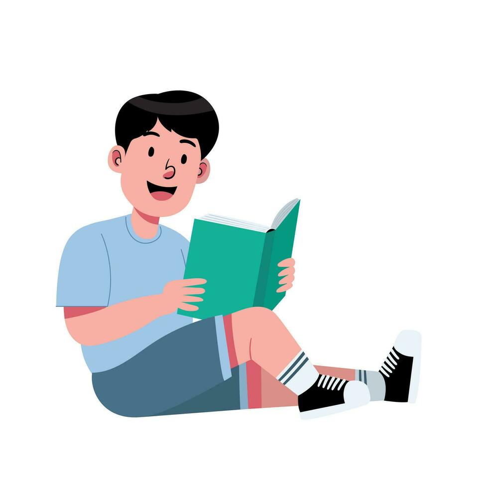 Happy boy reading a book relax for knowledge with happy fun face illustration vector