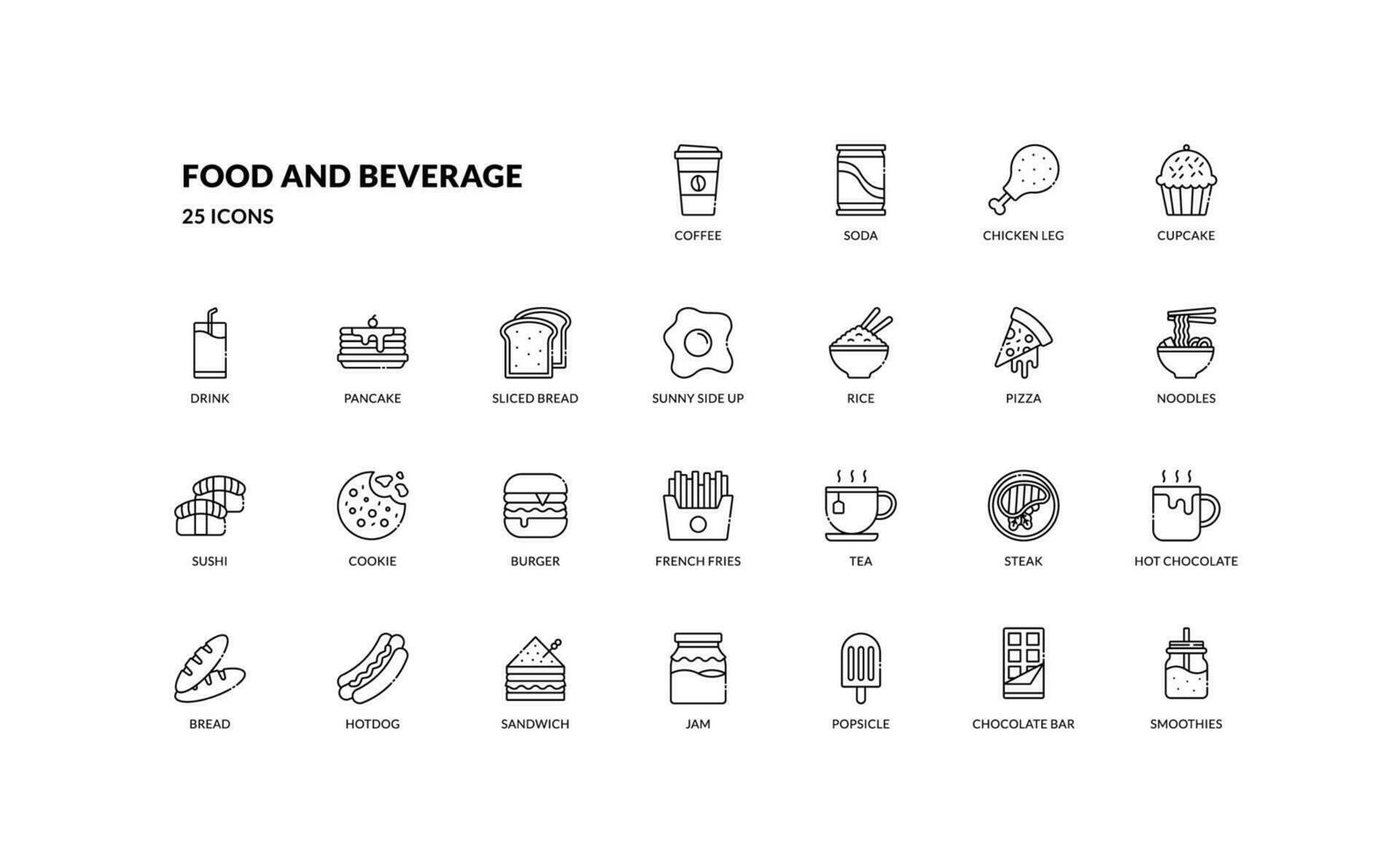food and beverage meal restaurant menu detailed outline line icon set. eps vector file