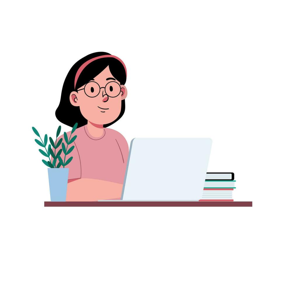 Girl happy to learning and study with laptop for online class and do task illustration vector