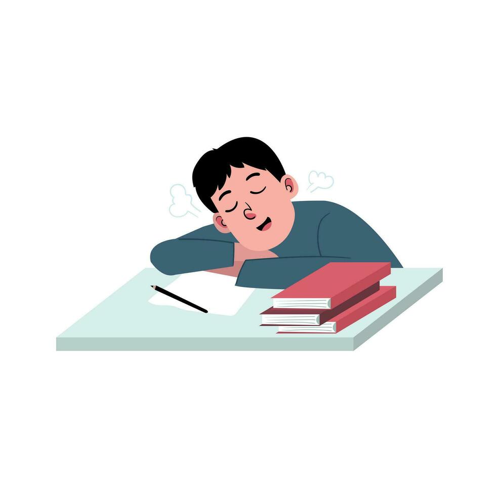 boy asleep while studying with book at desk for education at class illustration vector