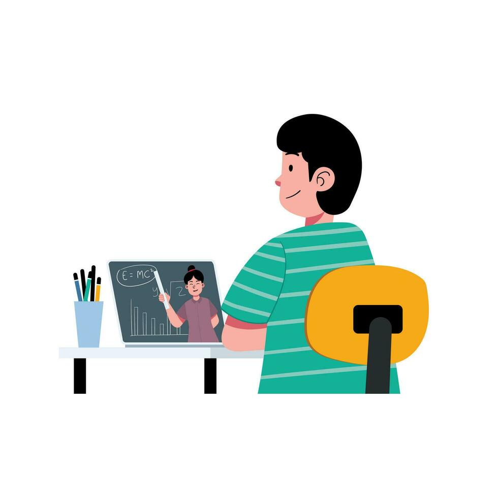 chico sentar a escritorio y en línea aprendizaje vía ordenador portátil o digital tableta con contento cara ilustración vector