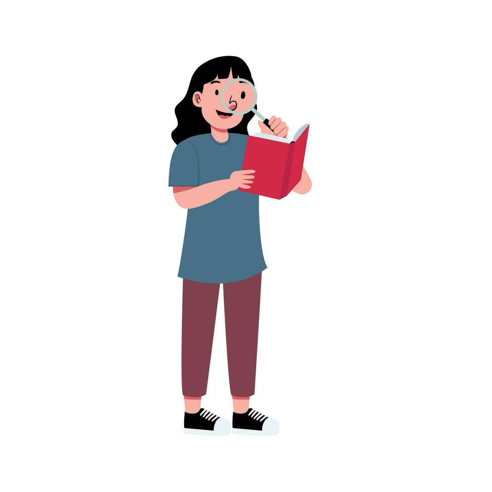 Curious Girl search knowledge with magnifying glass on the book for education illustration vector