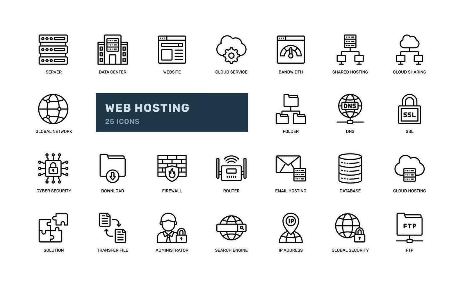 web hosting server cloud website security detailed outline line icon set. eps vector file