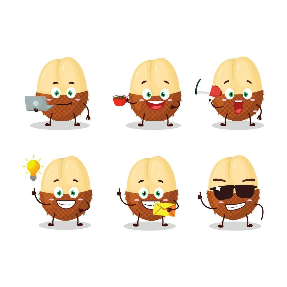 Slice of salak cartoon character with various types of business emoticons vector