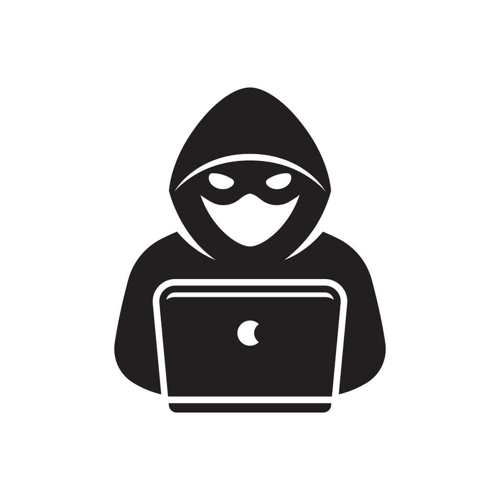 Computer hacker with laptop icon, Spy agent isolated on white. vector