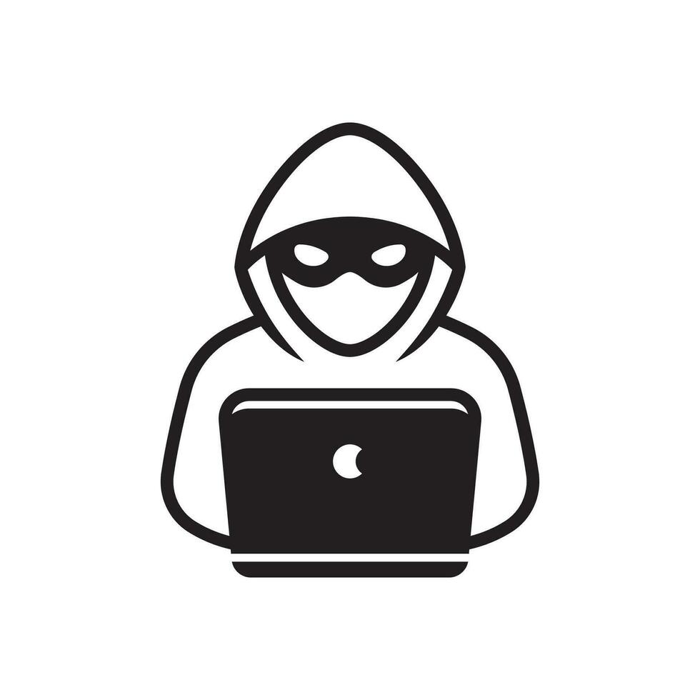 Computer hacker with laptop icon, Spy agent isolated on white. vector