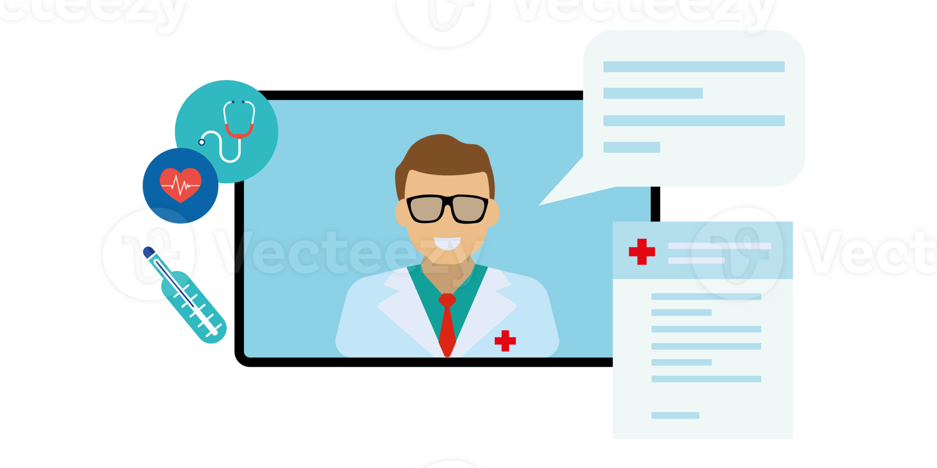 Professional doctor giving advice on a video call and medical equipment - healthcare and online doctor concept png