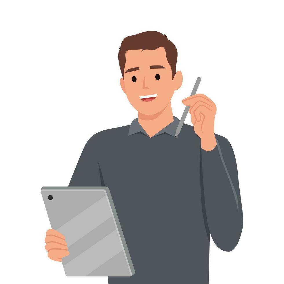Young man relax on couch at home using tablet look in distance dreaming thinking holding pen. vector