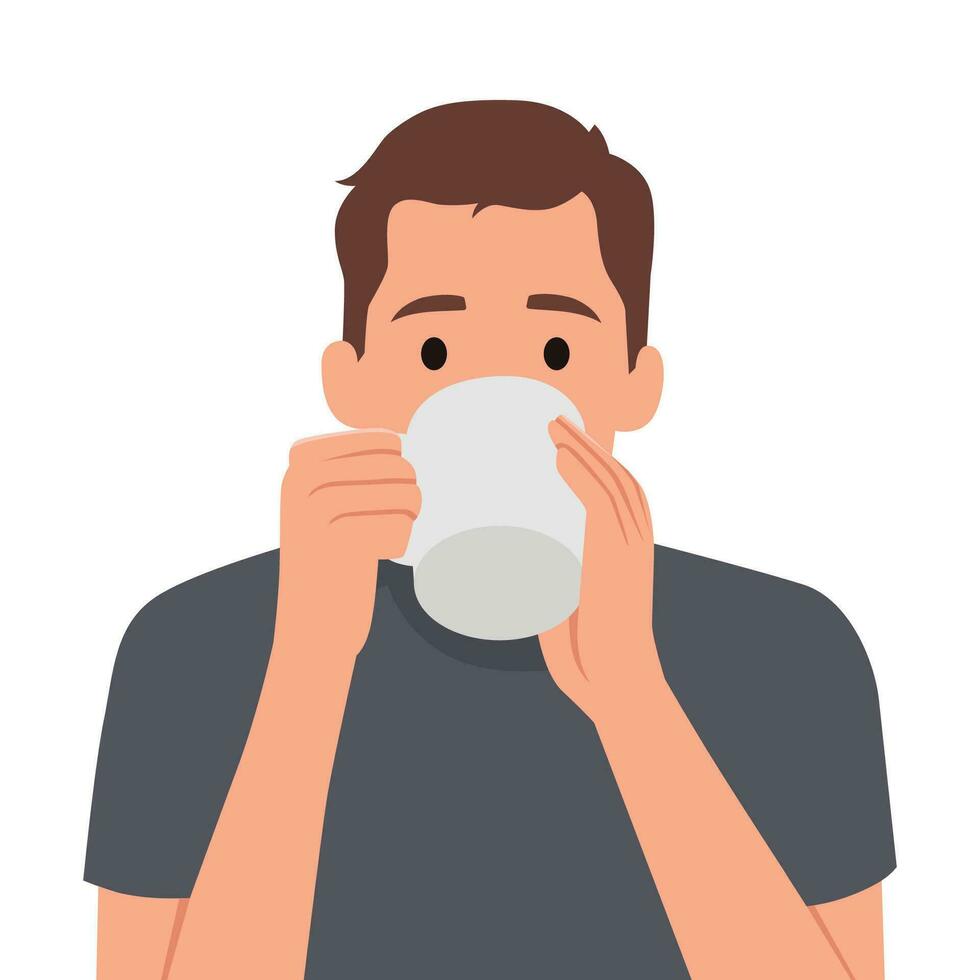 Man in bathrobe drinks coffee enjoying hot tart drink after waking up in morning. vector