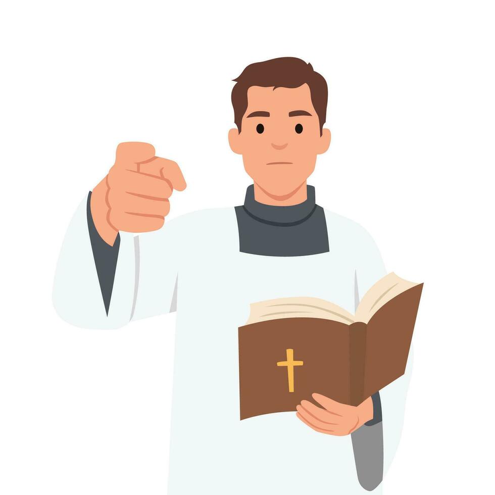 Young Catholic Priest Holds a Cross in Front of Him. the Concept of Driving Out the Devil and Evil Spirits. Pointing and holding bible. vector
