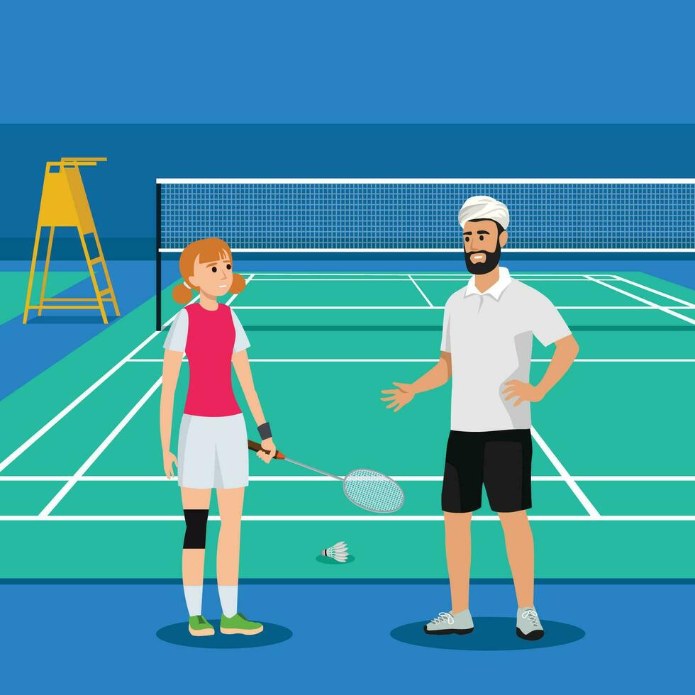 Badminton coach trainer , training or talking to his player. Young woman girl badminton player learn badminton on the field. vector