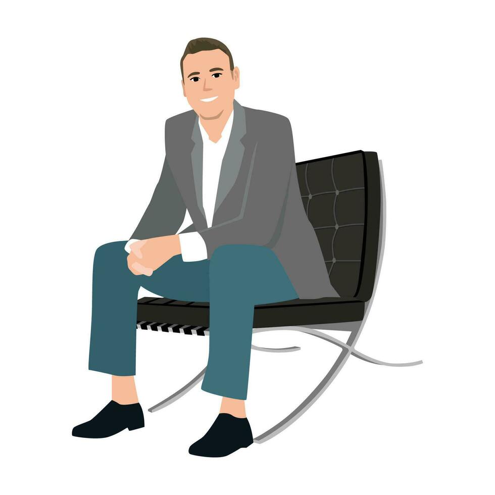 Businessman sitting calmly on a casters chair legs crossed and hands behind head. Business boss man resting in a calm pose. vector