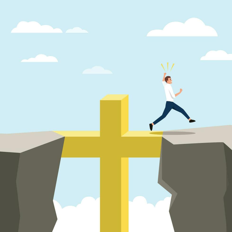 Startup, success, religion, christianity, help, business concept. Jesus Christ son of God helping happy young businessman crossing the cliff. vector