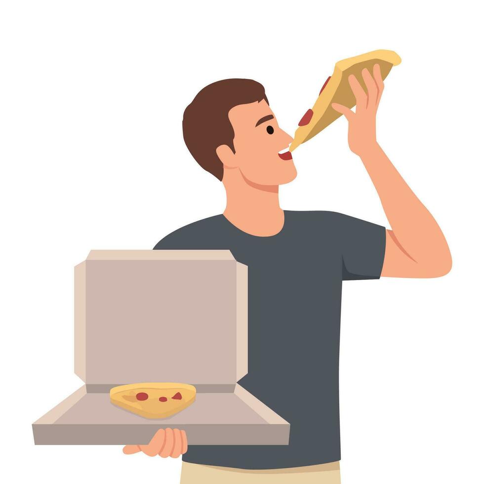 Man bites into pizza and holds box from italian pizzeria, enjoying taste of fresh food delivered from restaurant. vector