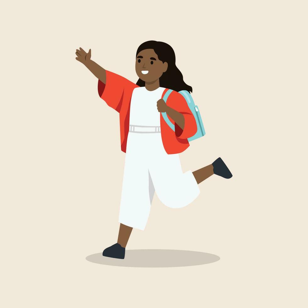 Little african american girl running with her hands up. vector