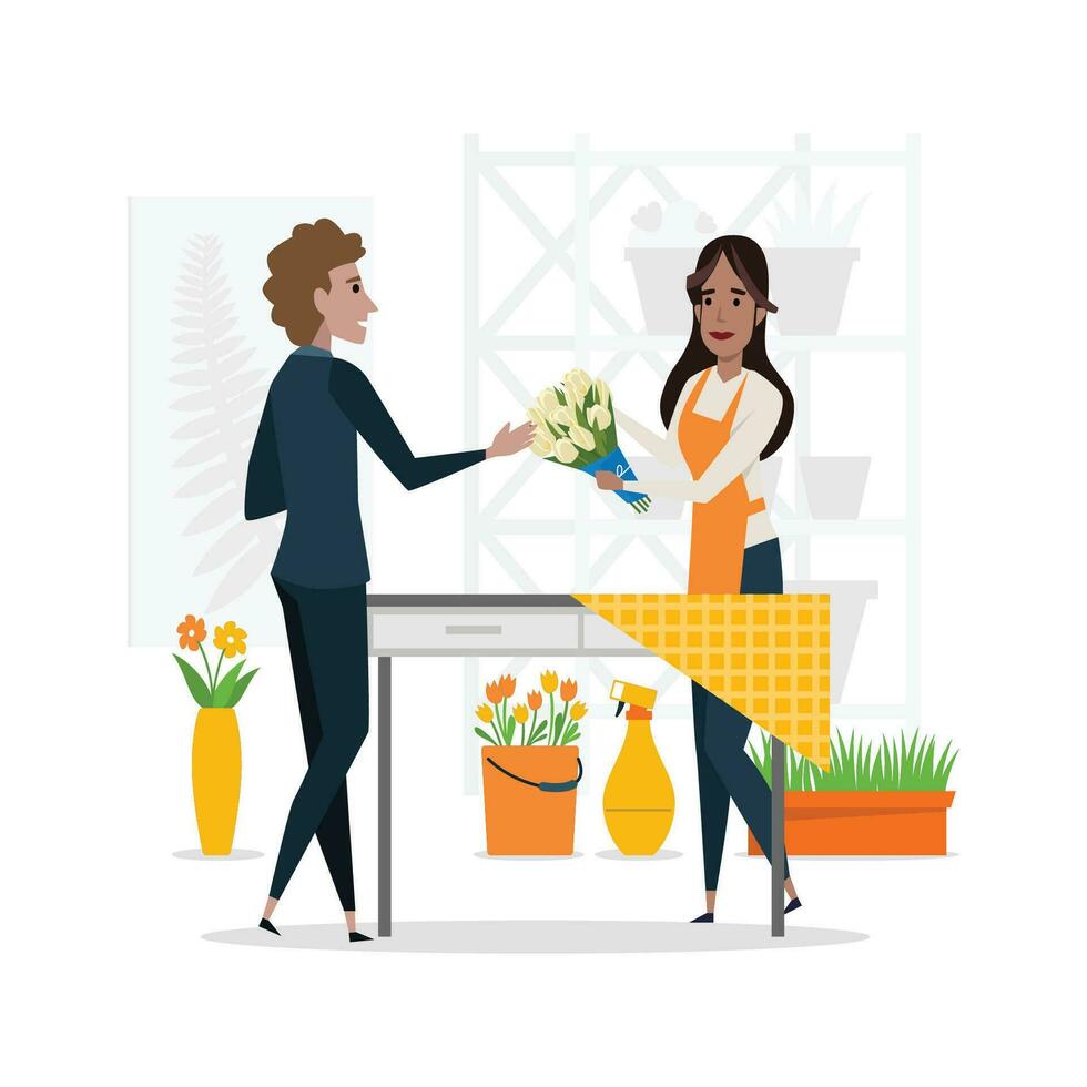 Flower shop lady sells, arranges cut flowers for customers. Floral boutique design, girl merchandising and displays plants in a store, successful small business. vector
