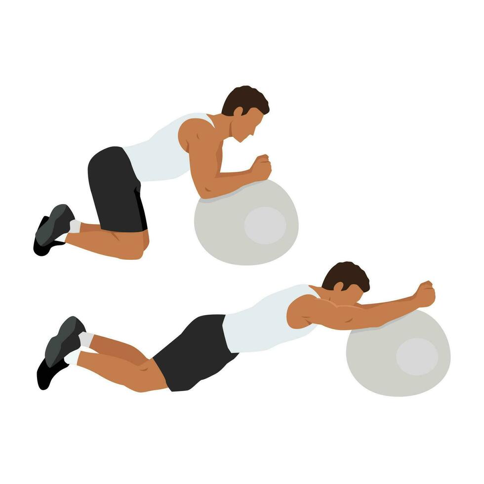 Man doing Stability or Swiss Ball Rollout exercise, Man workout fitness. vector