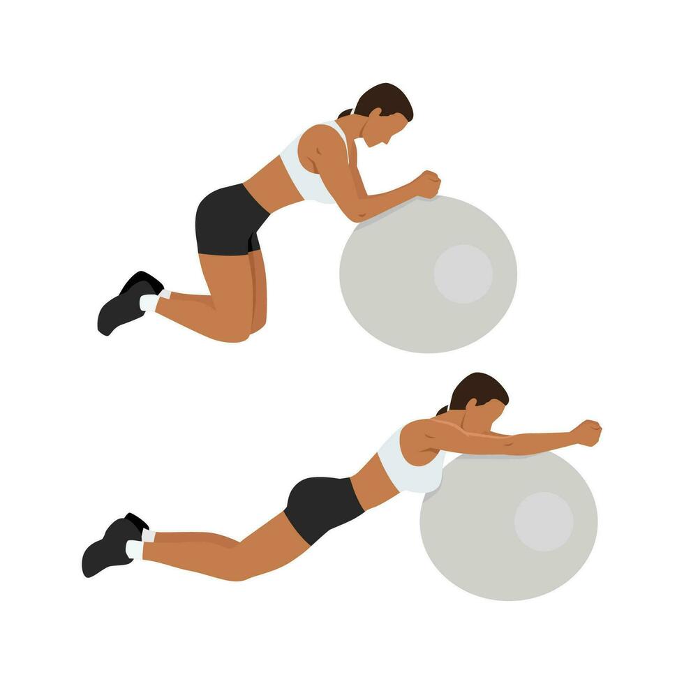 mujer haciendo estabilidad o suizo pelota desenrollar ejercicio, mujer rutina de ejercicio aptitud física. vector