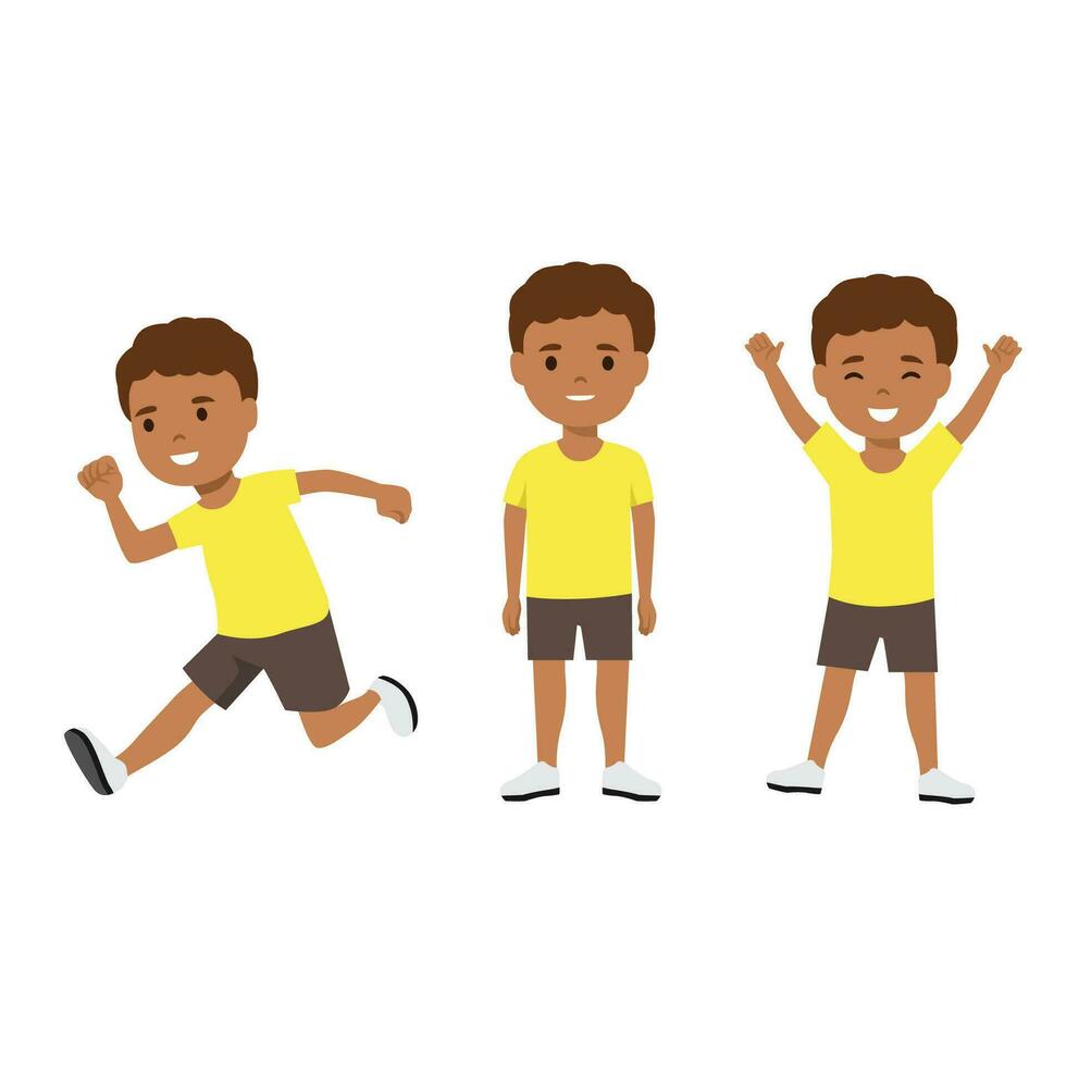Vector set. Little boy with big eyes and long brown hair in various poses. Standing, jumping and walking.
